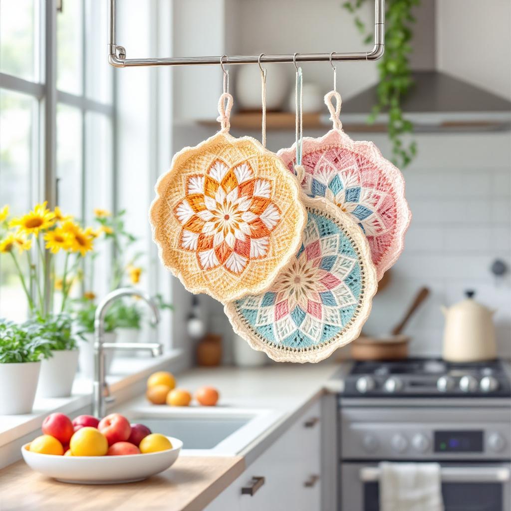 presine ad uncinetto colorate appese nella cucina