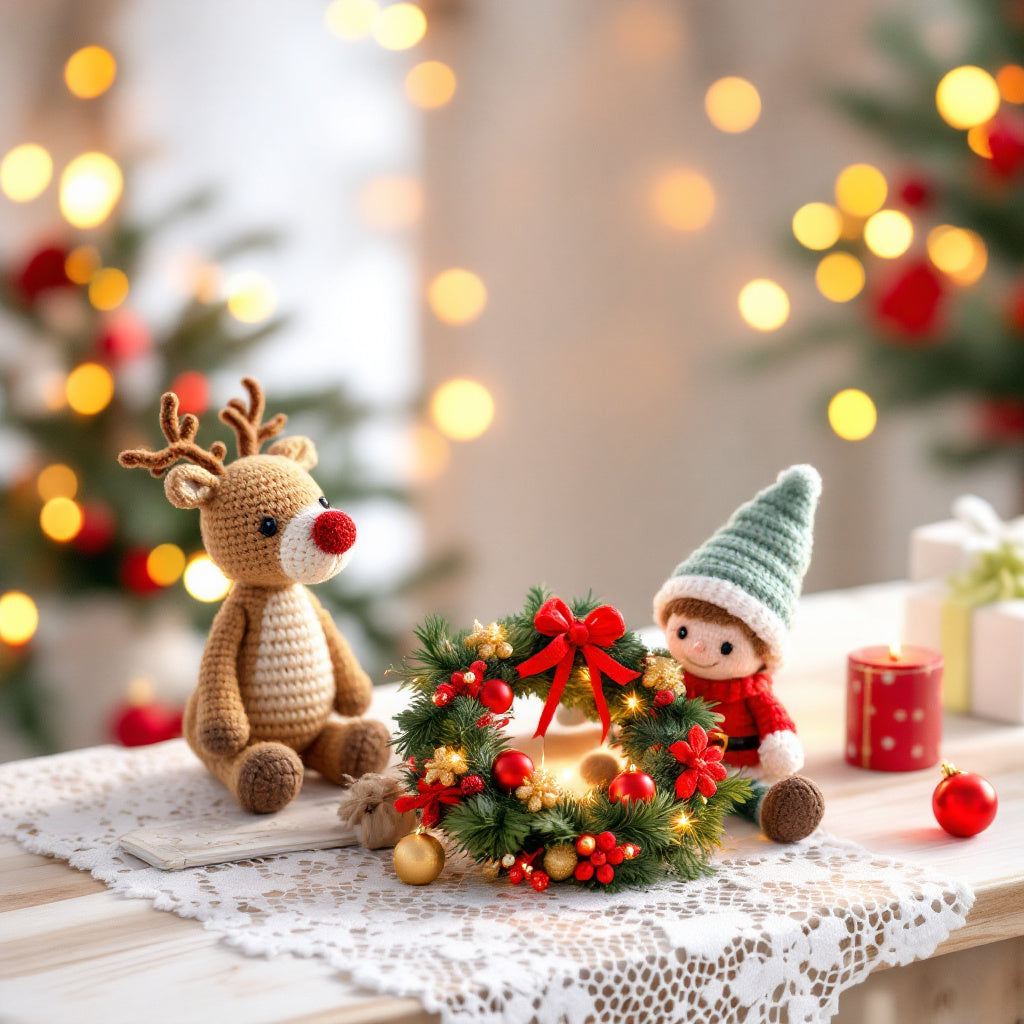 renna e elfo amigurumi sopra una tavola con centrino e decorazione natalizia