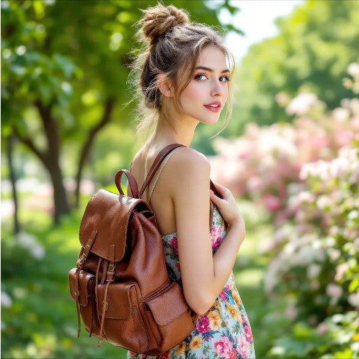 ragazza con zaino in pelle sulle spalle