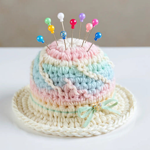 puntaspilli a forma di cappellino ad uncinetto su un tavolo