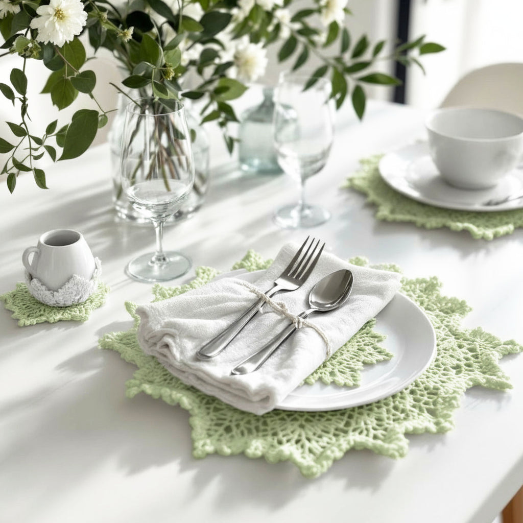 tavola imbandita con elementi ad uncinetto