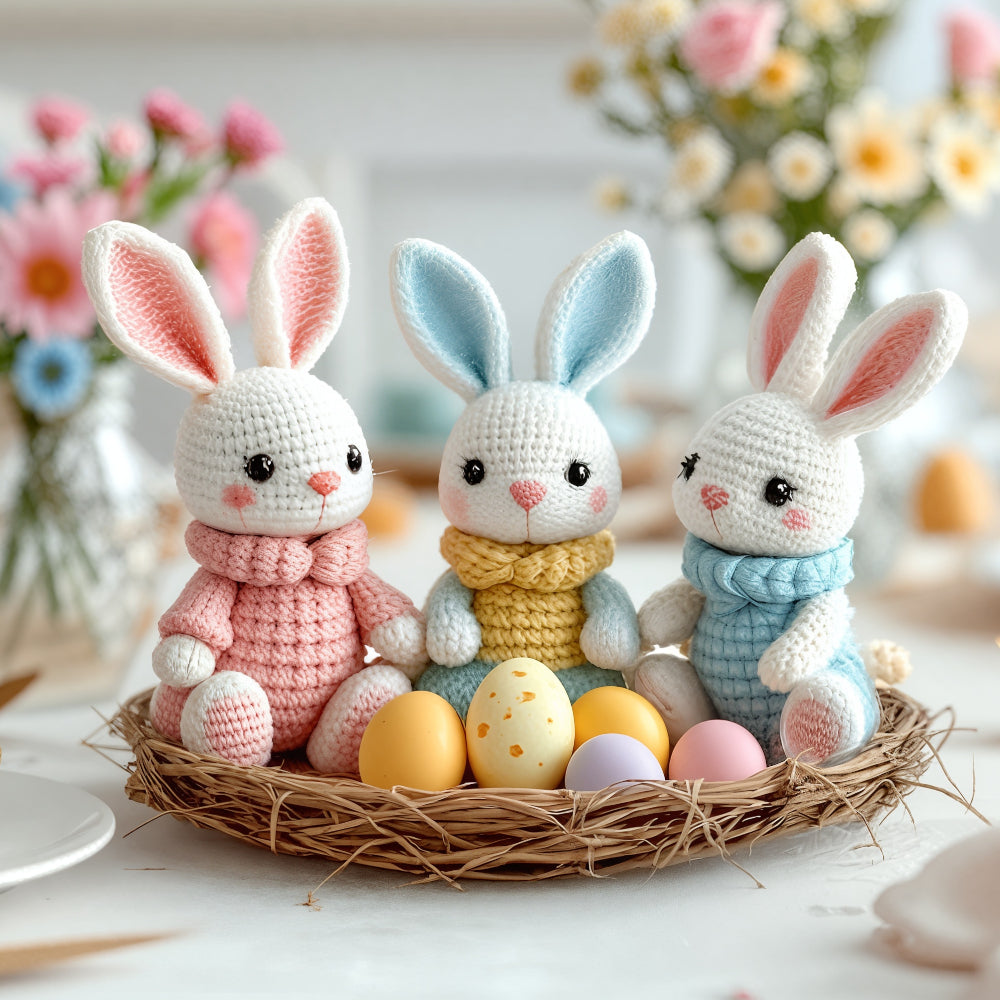 conigli amigurumi di pasqua con uova dentro un cestino
