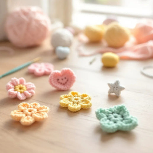 piccoli fiori ad uncinetto poggiati su un tavolo