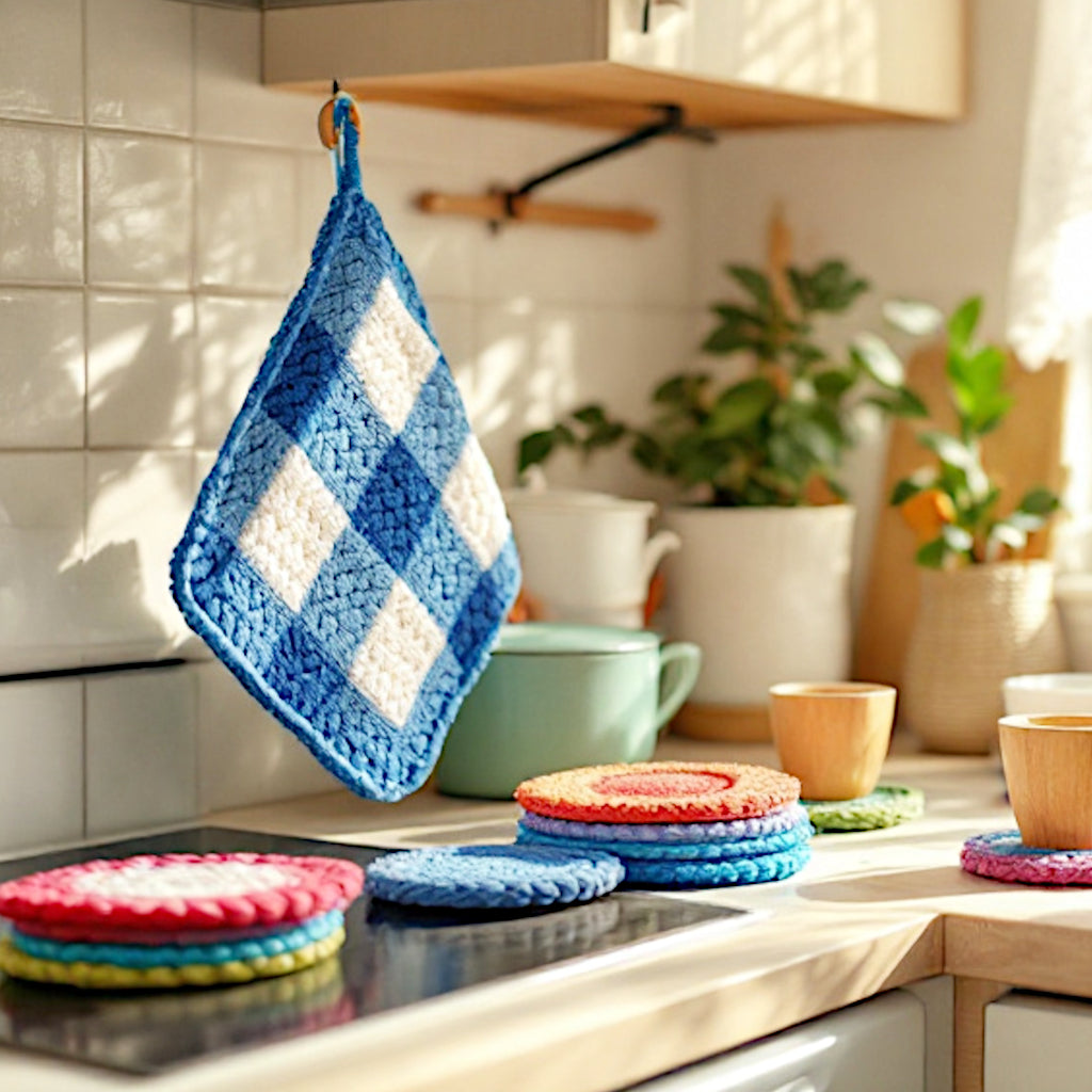 cucina con presine ad uncinetto colorate e tovaglia al centro del tavolo