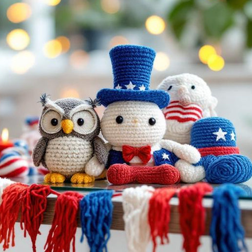 amigurumi per il giorni dell'indipendenza americana su un tavolo
