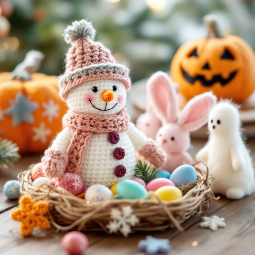 amigurumi pupazzo di neve con conigli e zucca