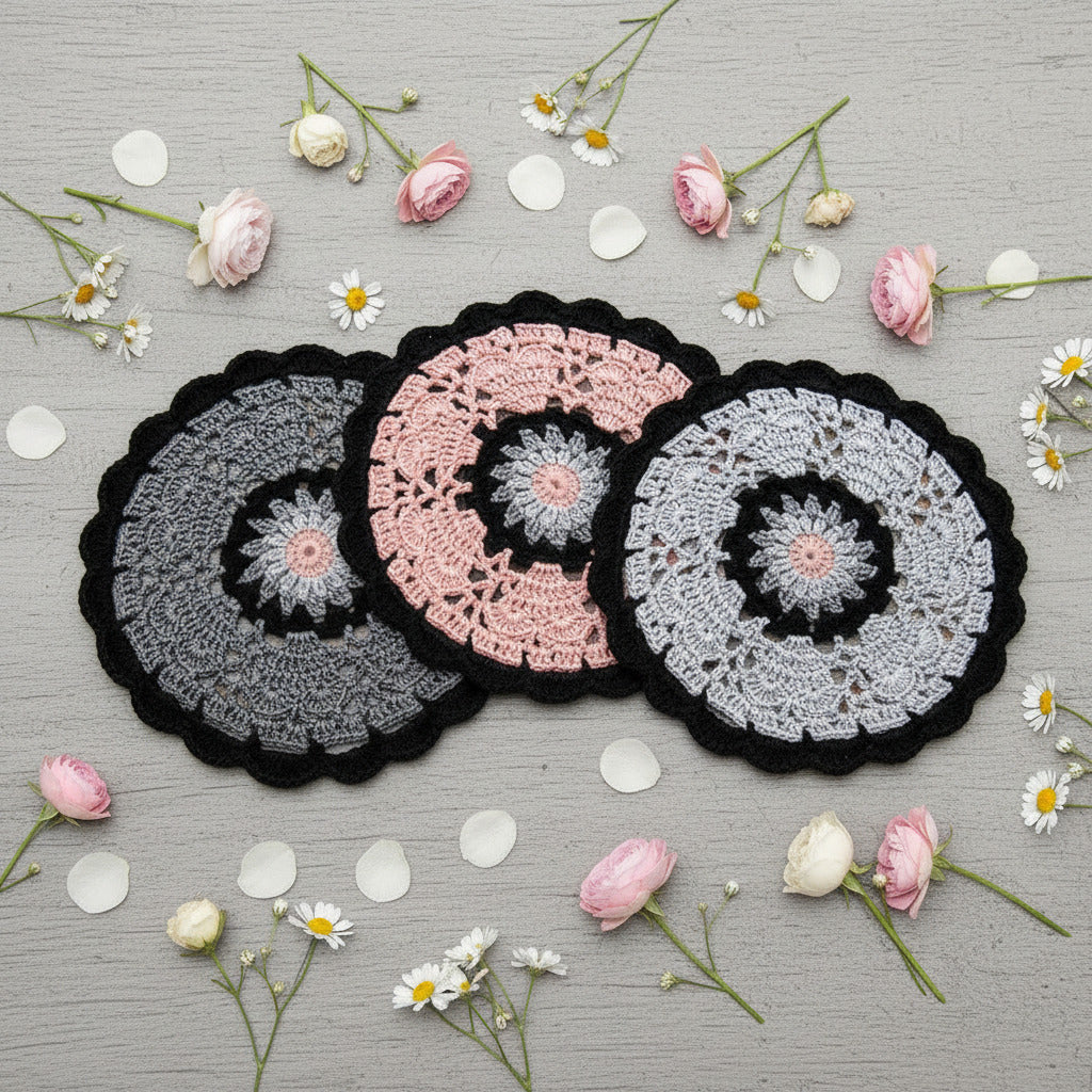 3 PZ - Sottobicchiere rosa grigio e nero ad uncinetto 14 cm