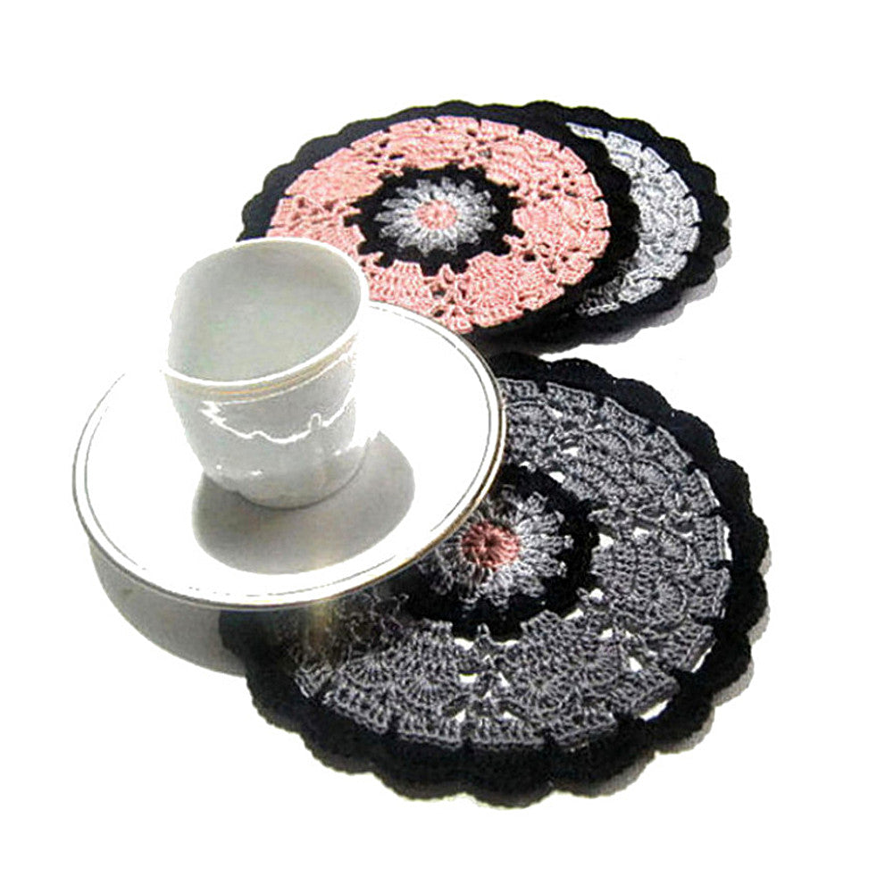 3 PZ - Sottobicchiere rosa grigio e nero ad uncinetto 14 cm