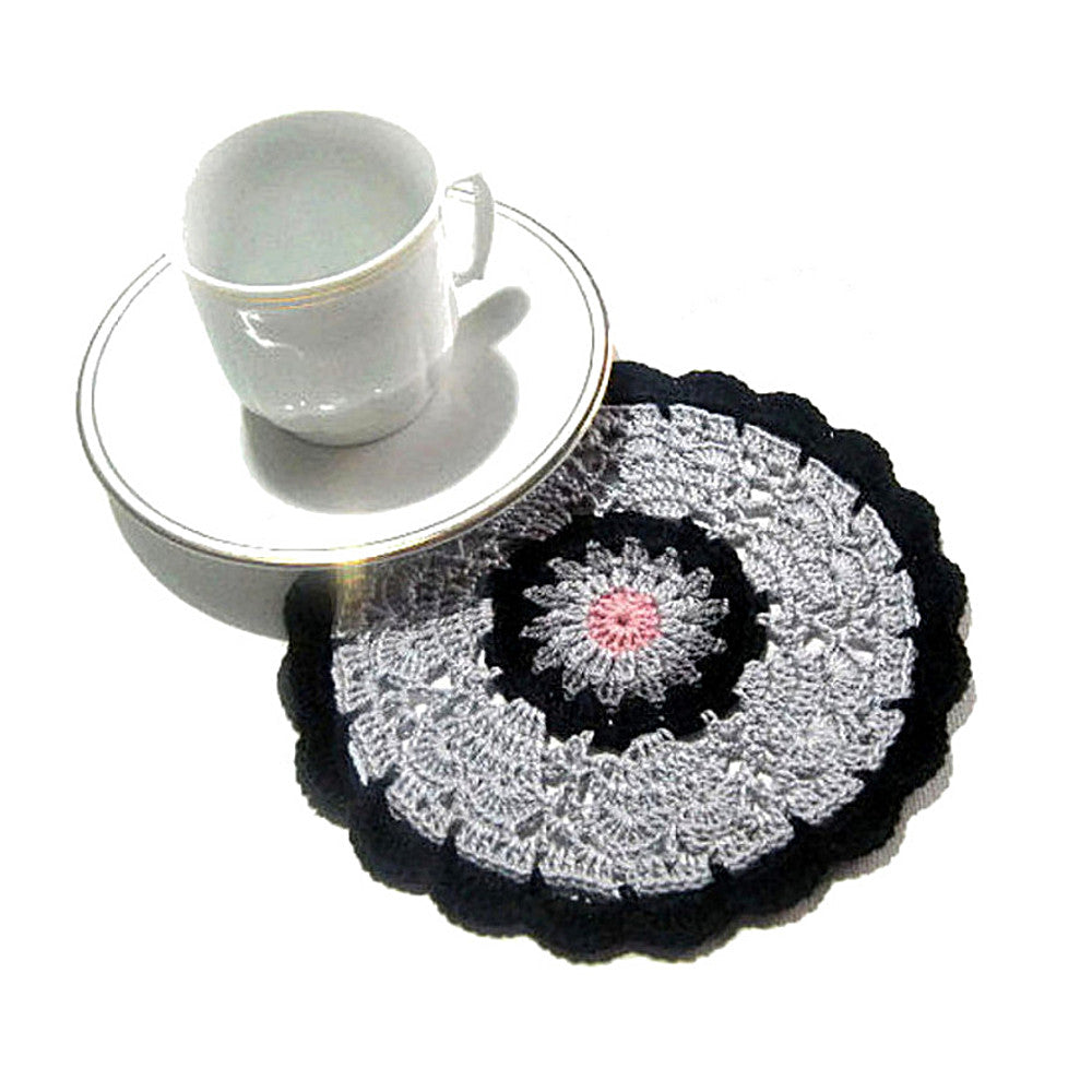 3 PZ - Sottobicchiere rosa grigio e nero ad uncinetto 14 cm