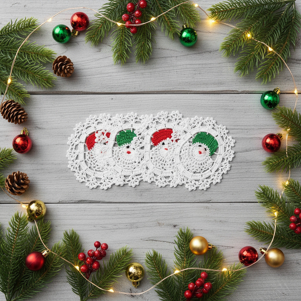 4 PZ - Sottobicchiere bianco con Babbo Natale ad uncinetto 13 cm