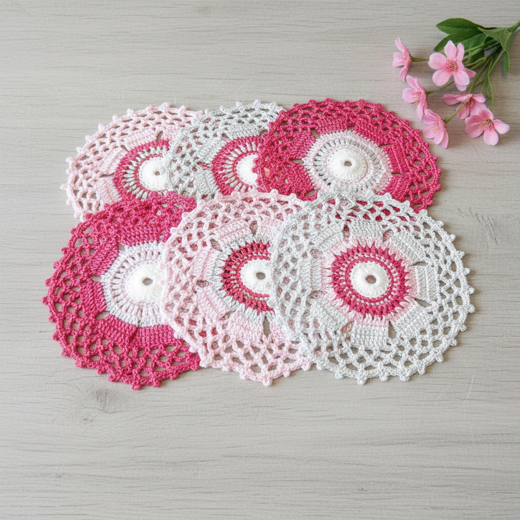 6 PZ - Sottobicchiere rosa grigio e fucsia ad uncinetto 11.5 cm