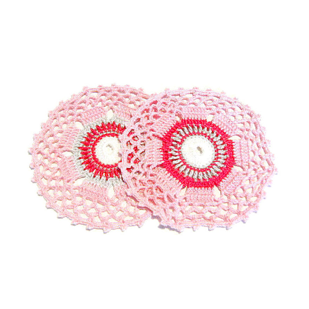 6 PZ - Sottobicchiere rosa grigio e fucsia ad uncinetto 11.5 cm