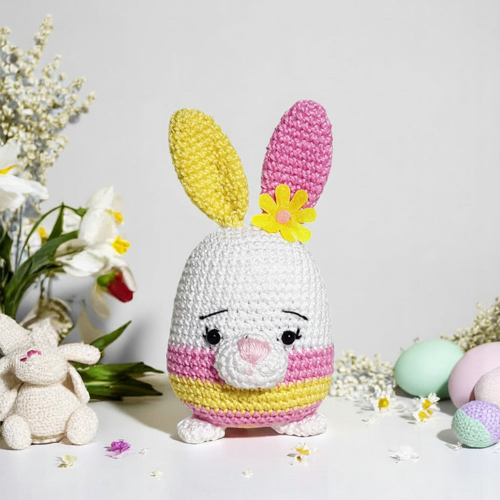 Amigurumi Coniglio con orecchie gialle e rosa ad uncinetto 9x14 cm