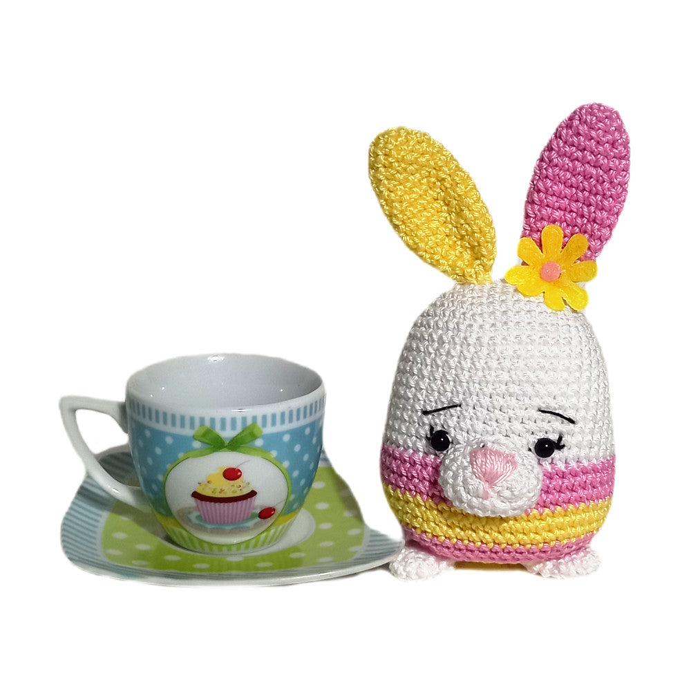 Amigurumi Coniglio con orecchie gialle e rosa ad uncinetto 9x14 cm