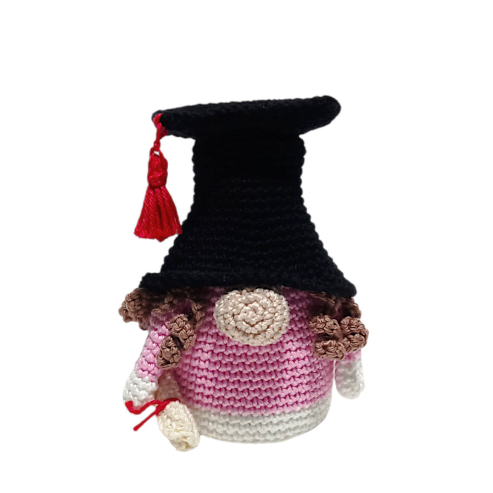 Amigurumi Gnometta Laureata rosa con tocco ad uncinetto 11 cm