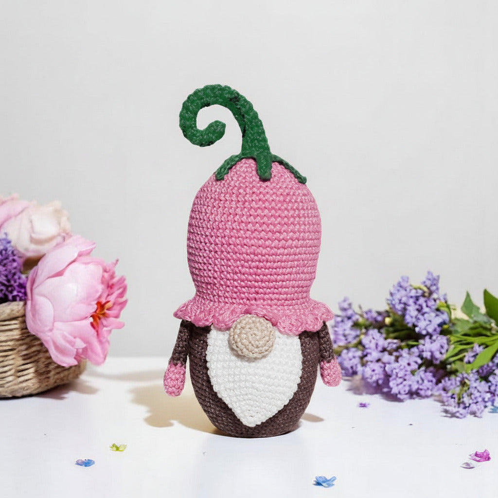 Amigurumi Gnomo Fiore con cappello rosa ad uncinetto 11x18 cm