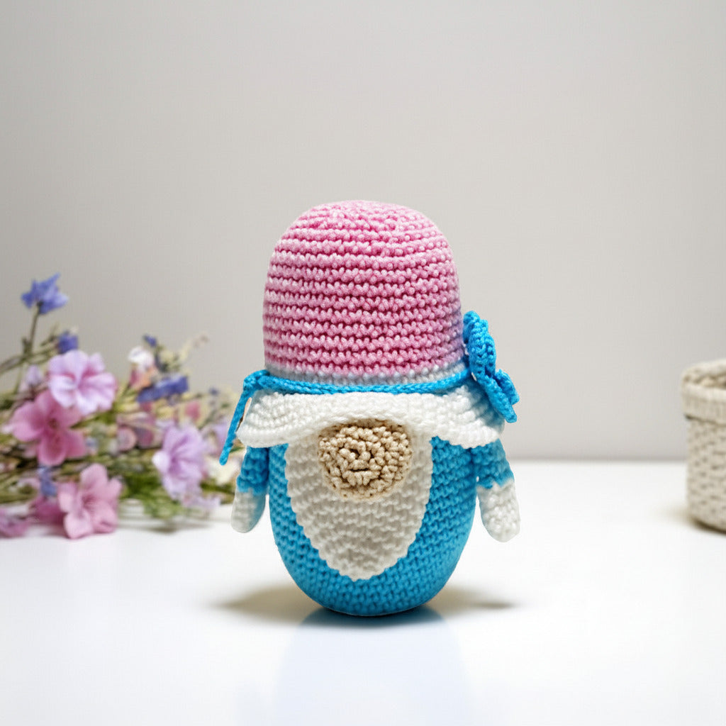 Amigurumi Gnomo turchese e rosa con fiore ad uncinetto 14 cm