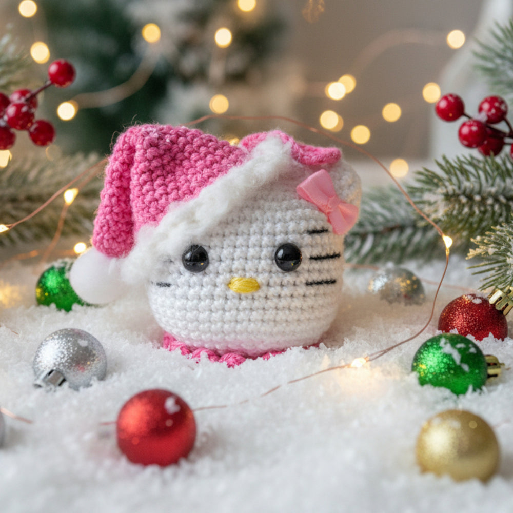 Amigurumi Palla di Natale Hello Kitty rosa ad uncinetto 9 cm