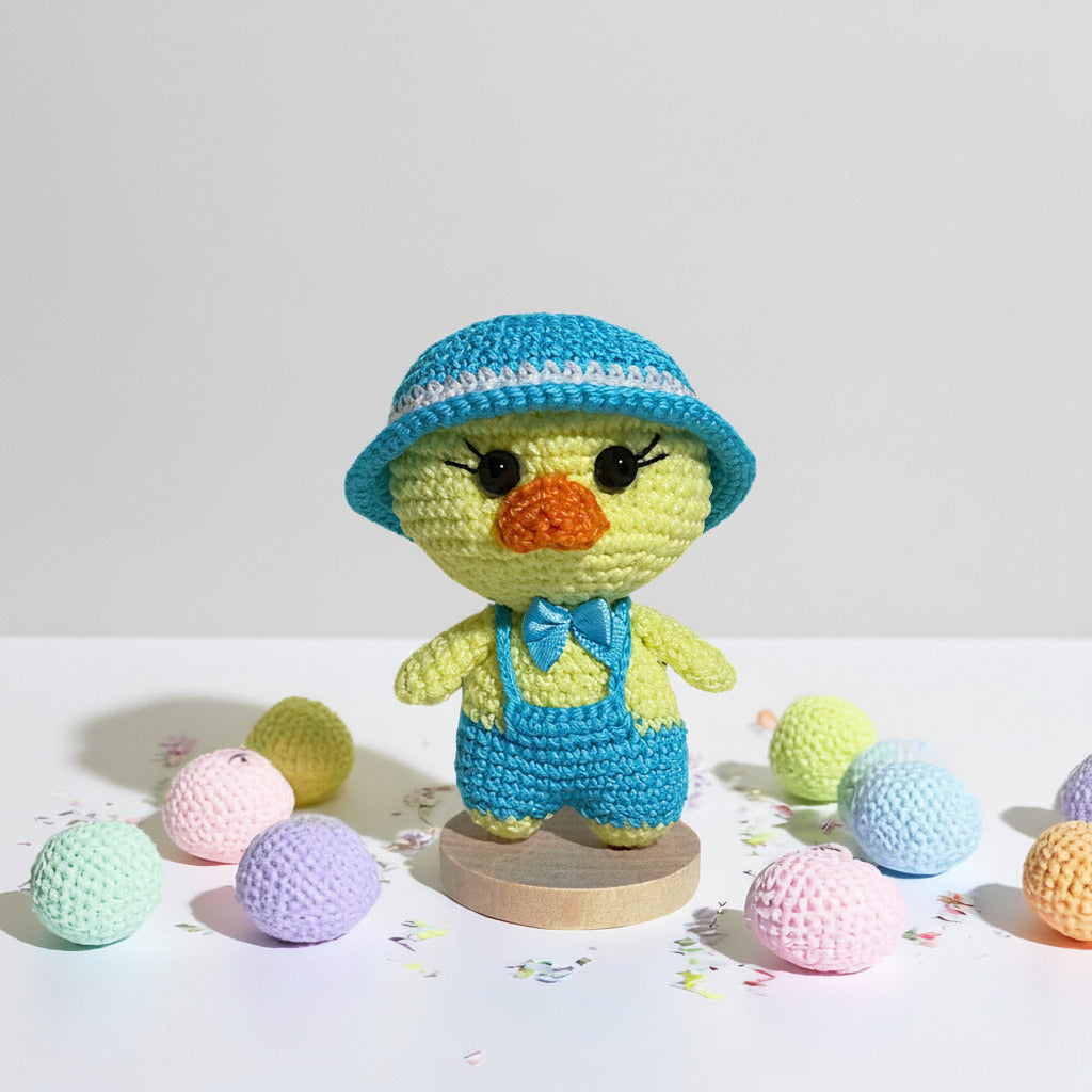 Amigurumi Pulcino con salopette Turchese ad uncinetto 10 cm