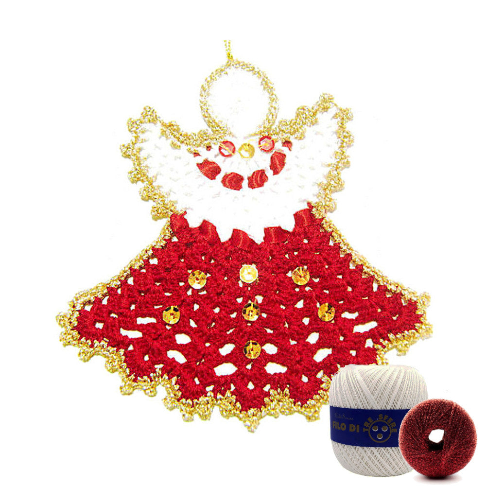 Angelo di Natale bianco e rosso ad uncinetto 14x14 cm 4NT