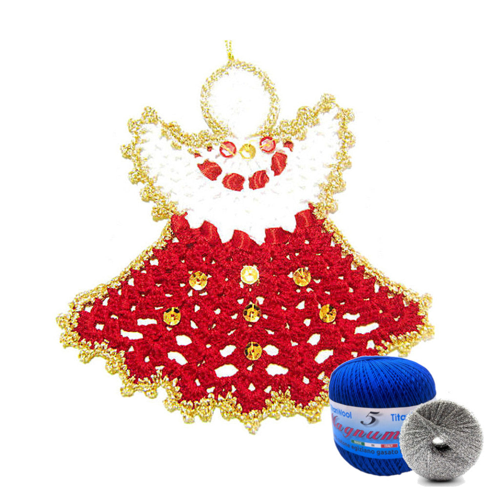 Angelo di Natale blu e argento ad uncinetto 14x14 cm