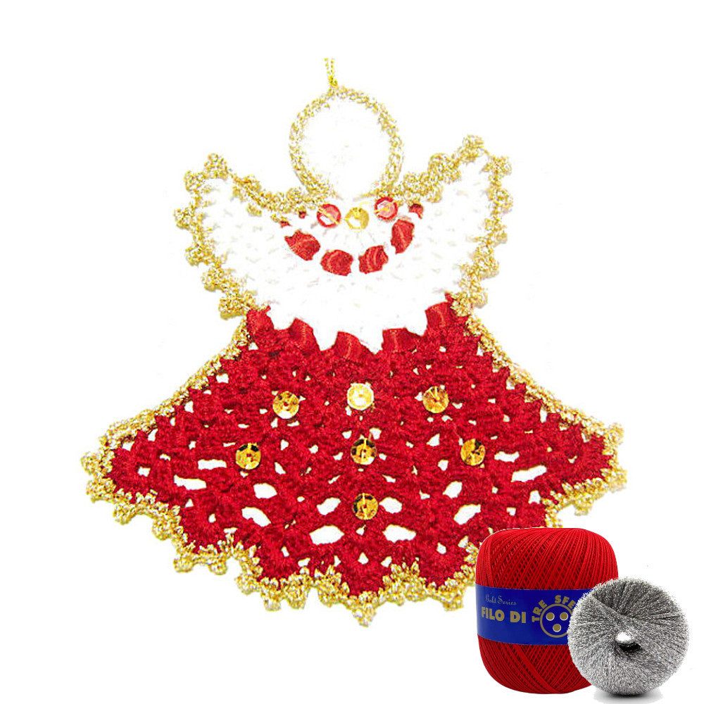 Angelo di Natale rosso e argento ad uncinetto 14x14 cm