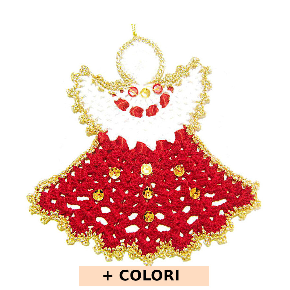 Angelo di Natale rosso e oro ad uncinetto 14x14 cm