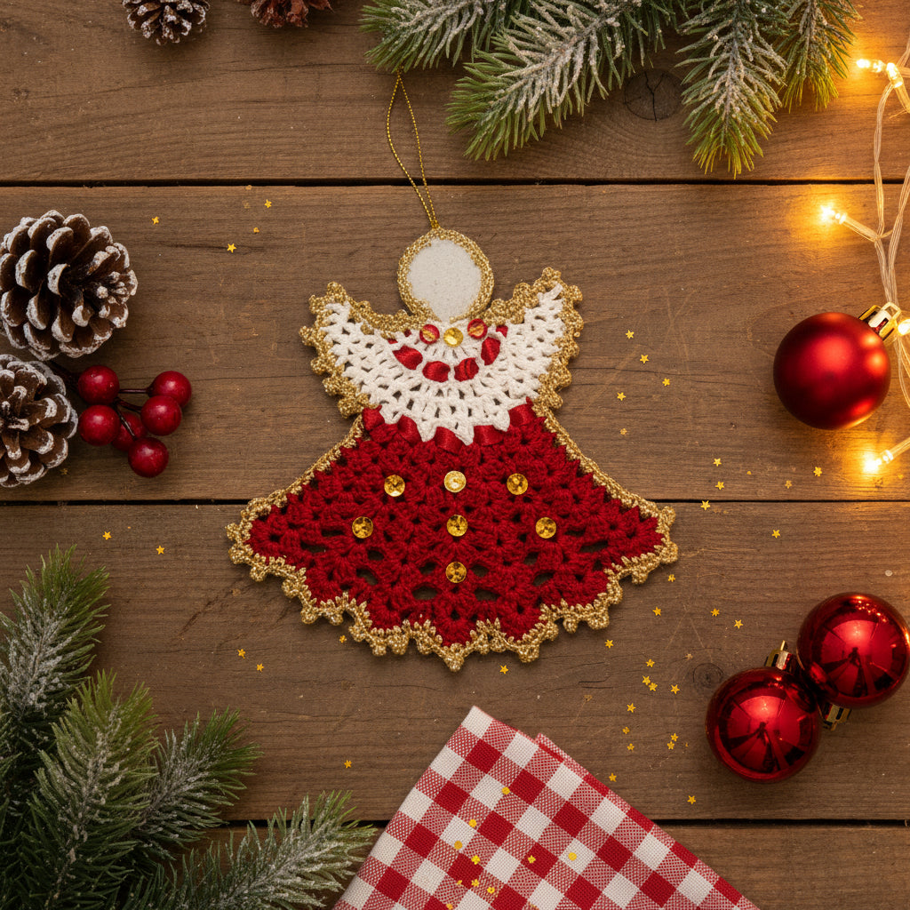 Angelo di Natale rosso e oro ad uncinetto 14x14 cm