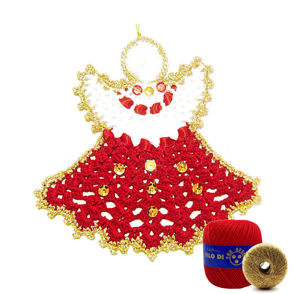 Angelo di Natale rosso e oro ad uncinetto 14x14 cm