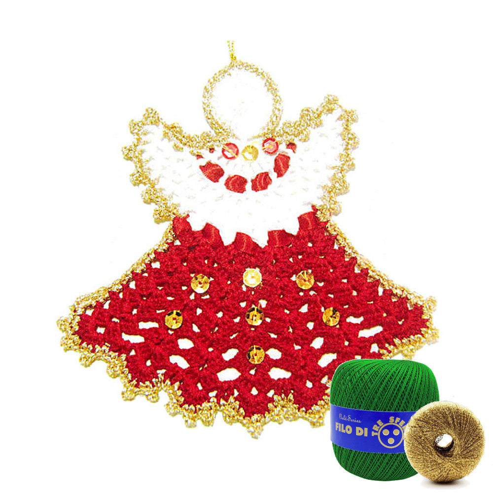 Angelo di Natale verde e oro ad uncinetto 14x14 cm