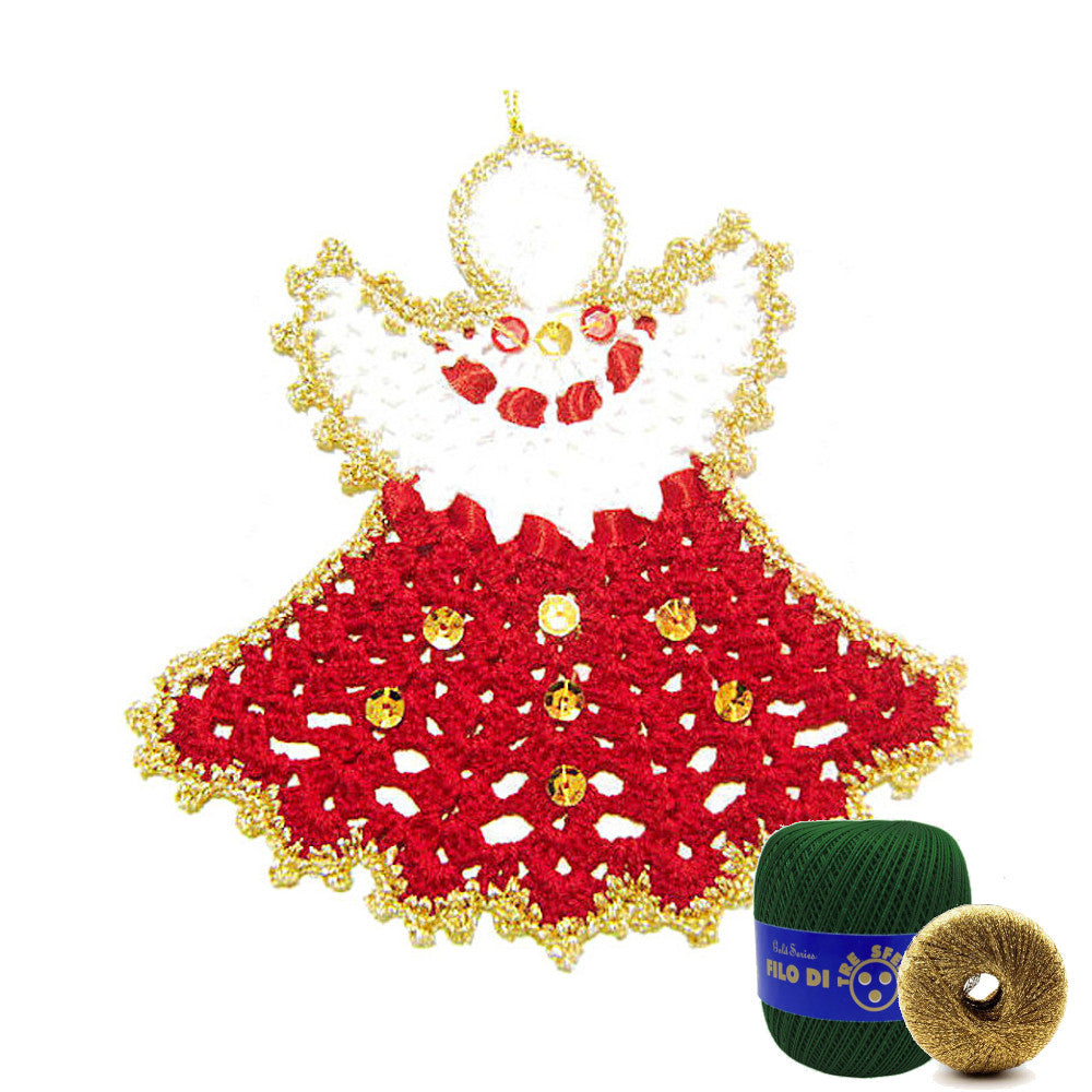 Angelo di Natale verde scuro e oro ad uncinetto 14x14 cm