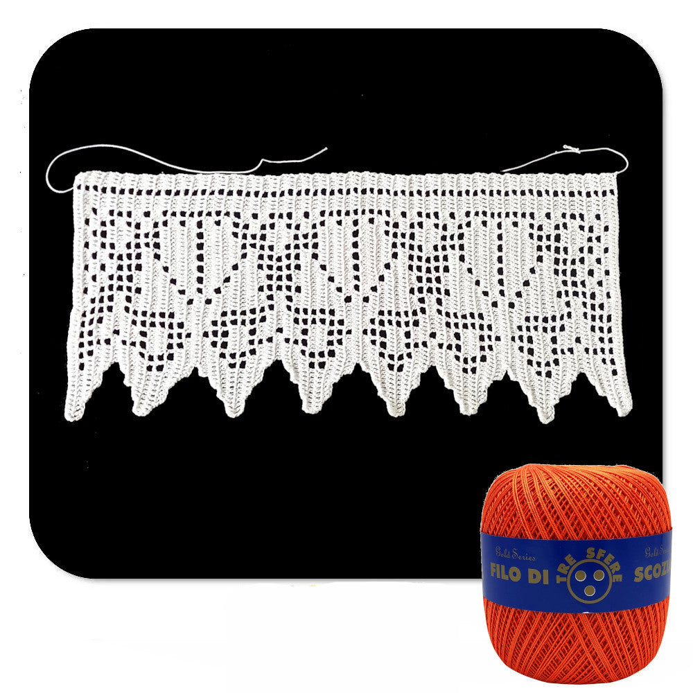 Bordo filet arancione con conchiglie ad uncinetto 13 cm x 50 cm