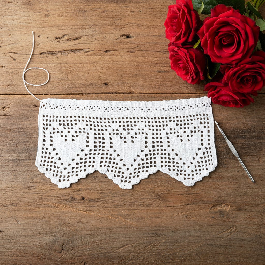 Bordo filet bianco con cuori ad uncinetto 12 cm x 50 cm