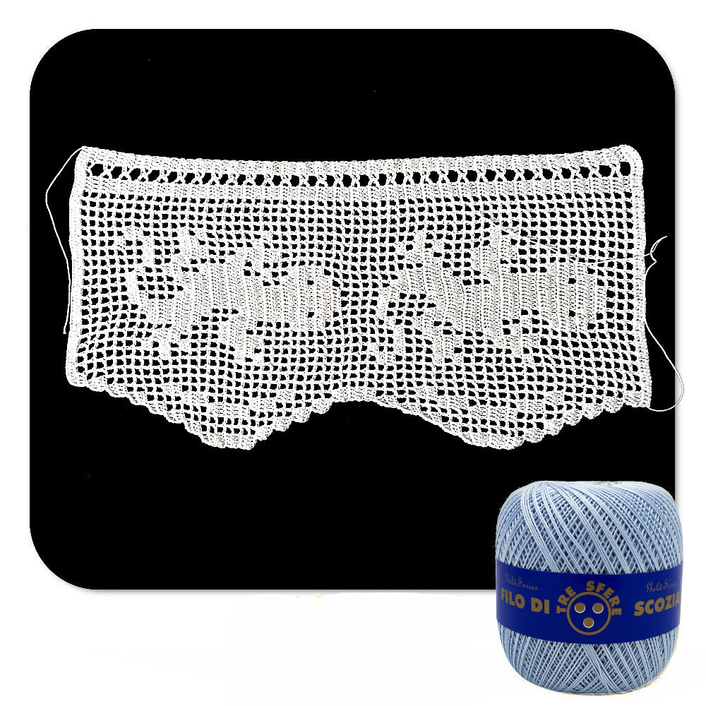 Bordo filet celeste con gechi ad uncinetto 17 cm x 60 cm