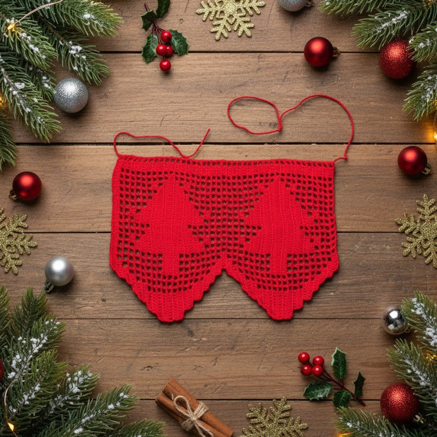 Bordo filet di Natale rosso con alberello ad uncinetto 15 cm x 50 cm