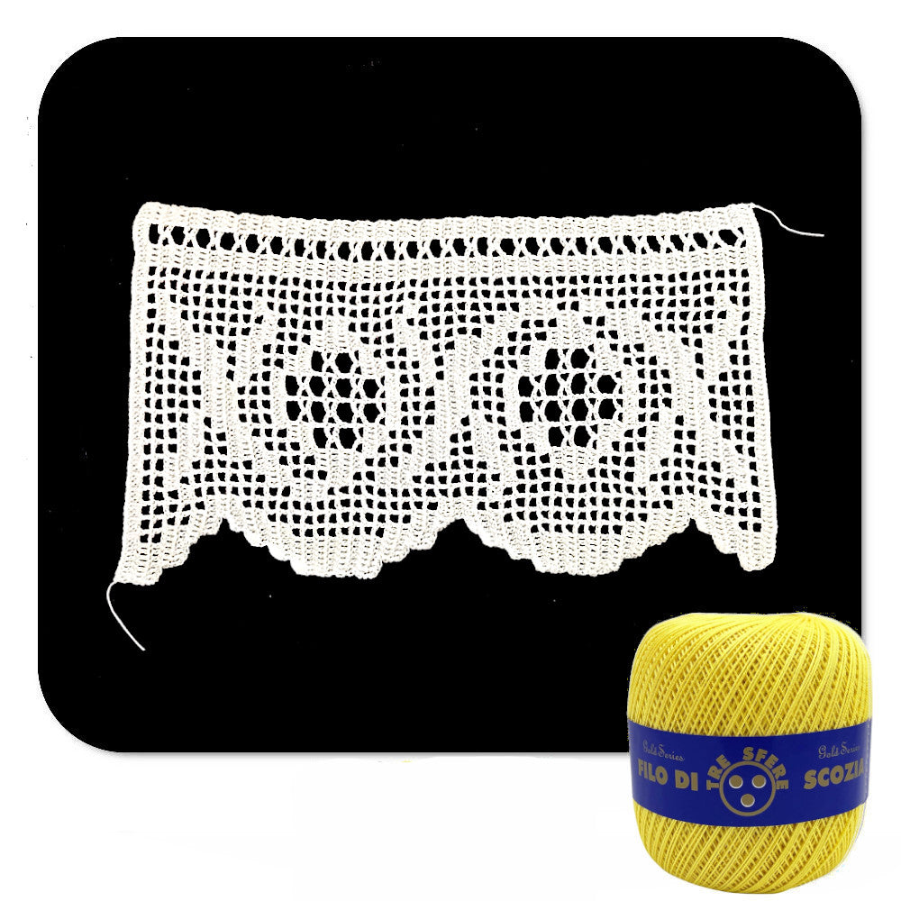 Bordo filet giallo con disegno ad uncinetto 14 cm x 50 cm