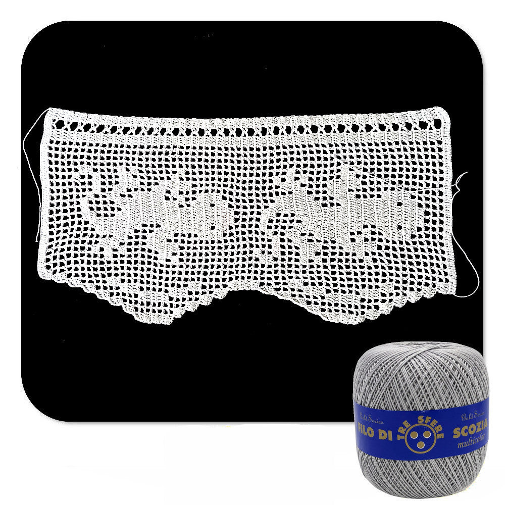 Bordo filet grigio chiaro con gechi ad uncinetto 17 cm x 60 cm