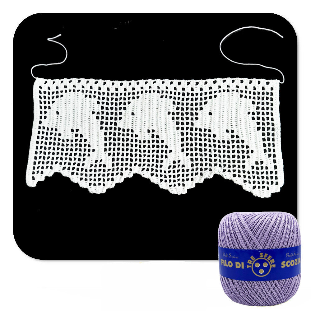 Bordo filet lilla con delfini ad uncinetto 12.5 cm x 60 cm