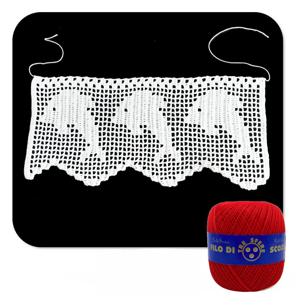 Bordo filet rosso con delfini ad uncinetto 12.5 cm x 60 cm