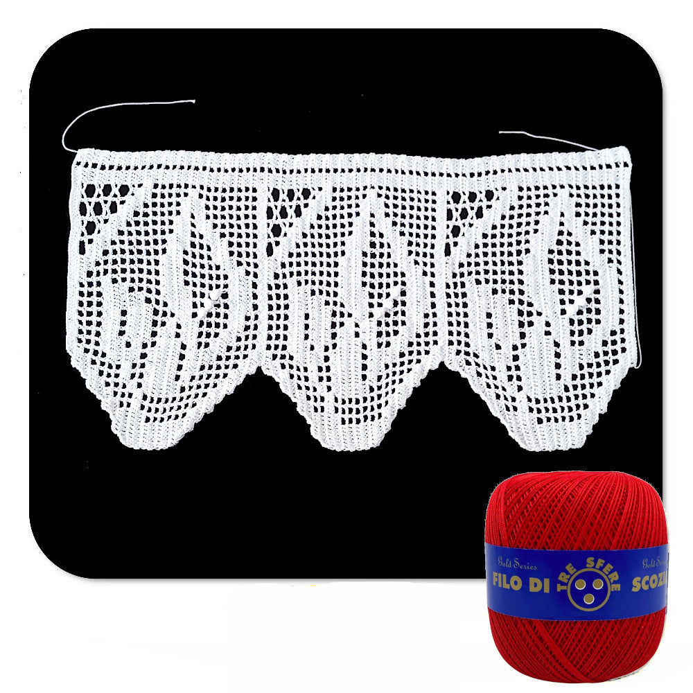 Bordo filet rosso con fiori ad uncinetto 17 cm x 55 cm