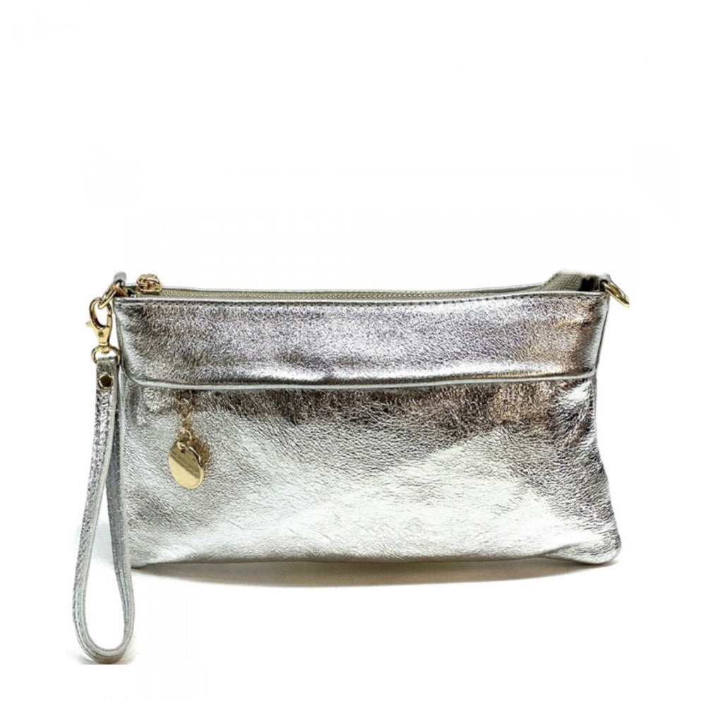 Borsa Pochette da donna argento in vera pelle 25x15 cm - Florina