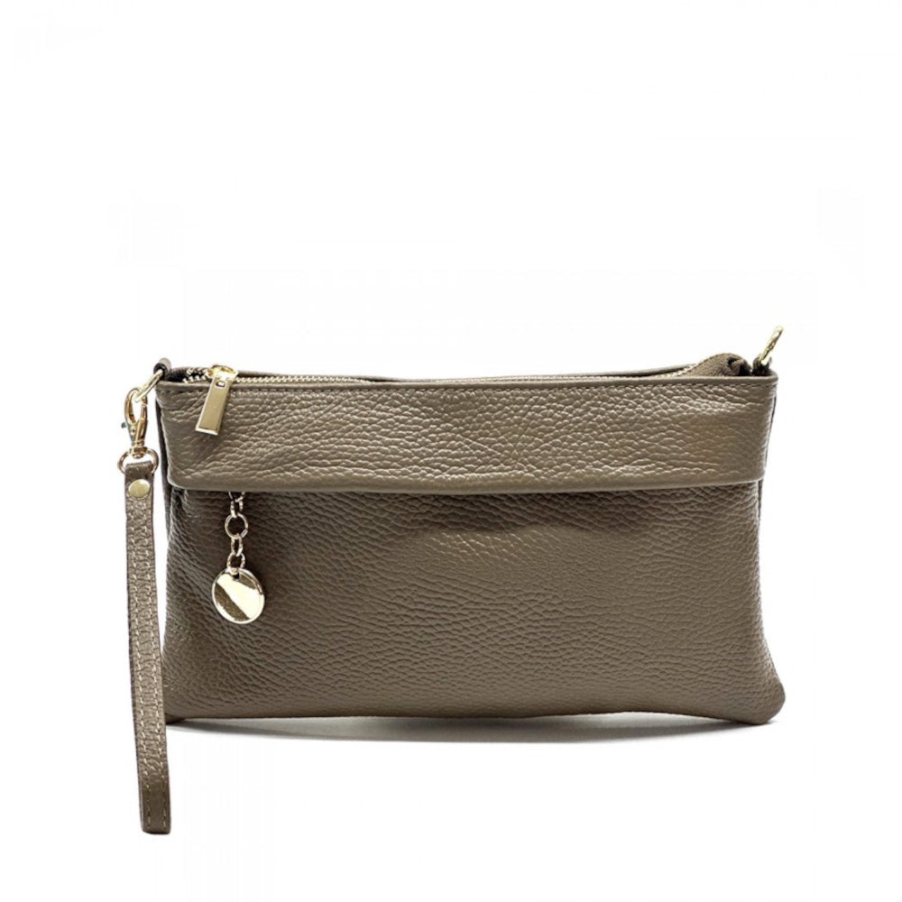 Borsa Pochette da donna tortora scuro in vera pelle 25x15 cm - Florina
