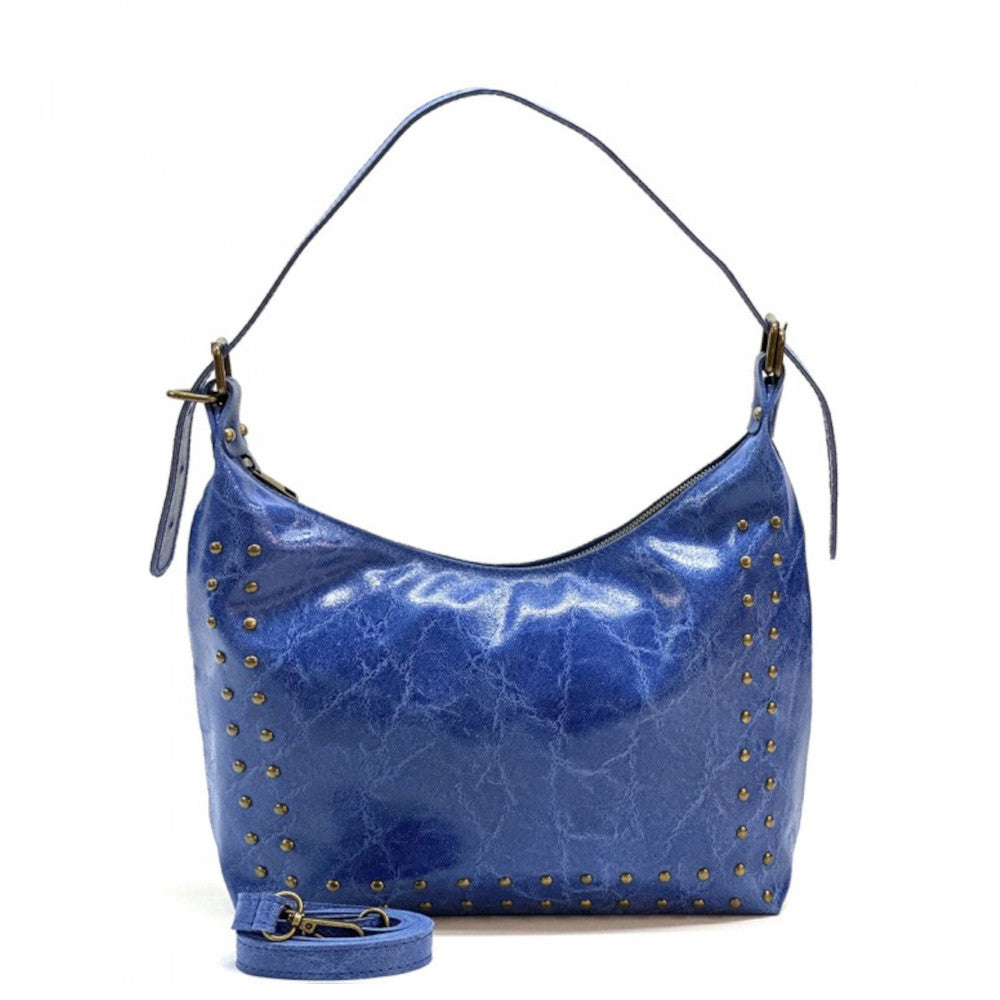 Borsa donna blu in pelle a spalla con tracolla