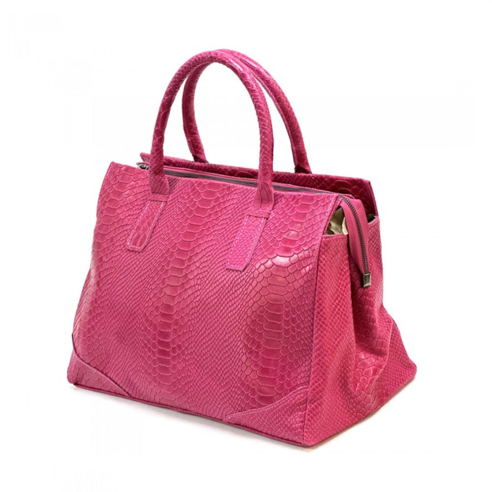 Borsa da donna Fucsia a mano in pelle 40x21x28 cm Serpentina
