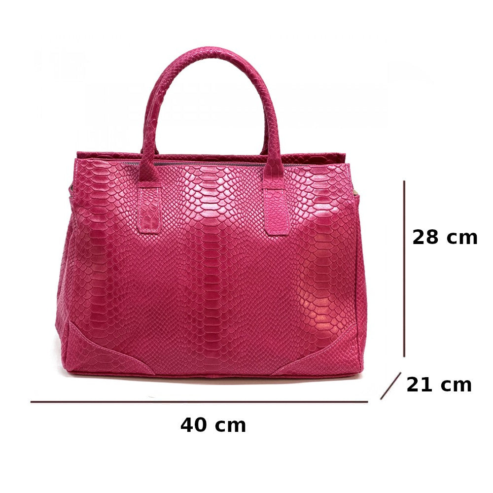 Borsa da donna Fucsia a mano in pelle 40x21x28 cm Serpentina