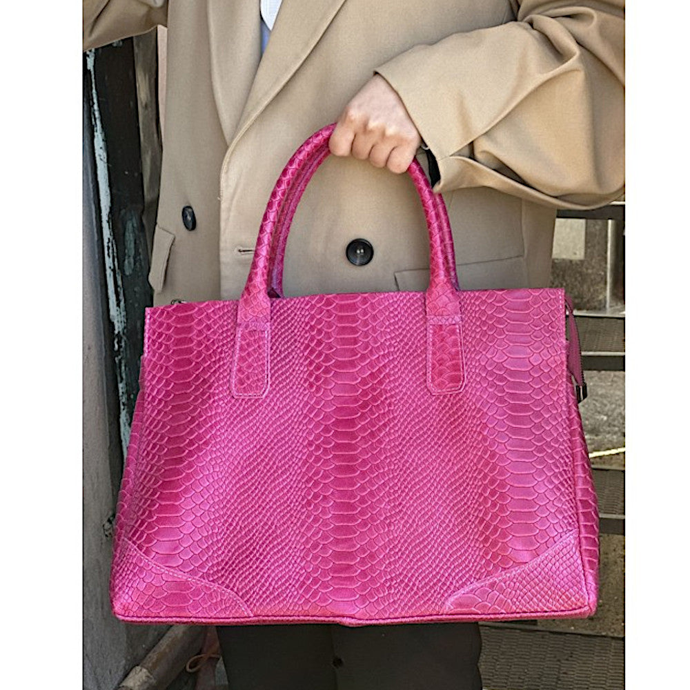 Borsa da donna Fucsia a mano in pelle 40x21x28 cm Serpentina