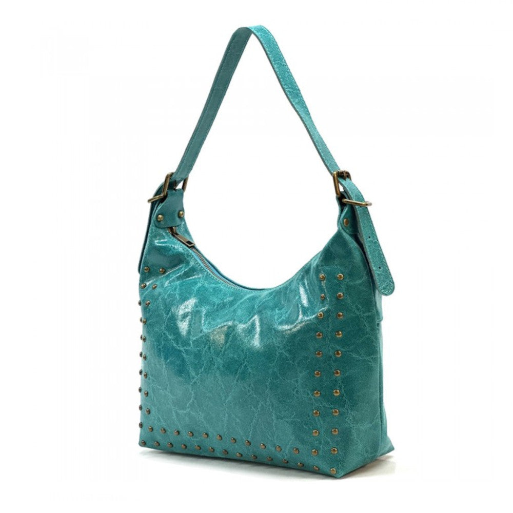 Borsa donna turchese in pelle a spalla con tracolla