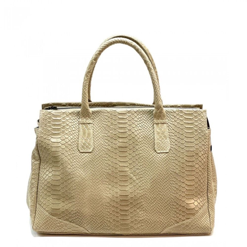 Borsa da donna a mano tortora chiaro in pelle 40x21x28 cm Serpentina