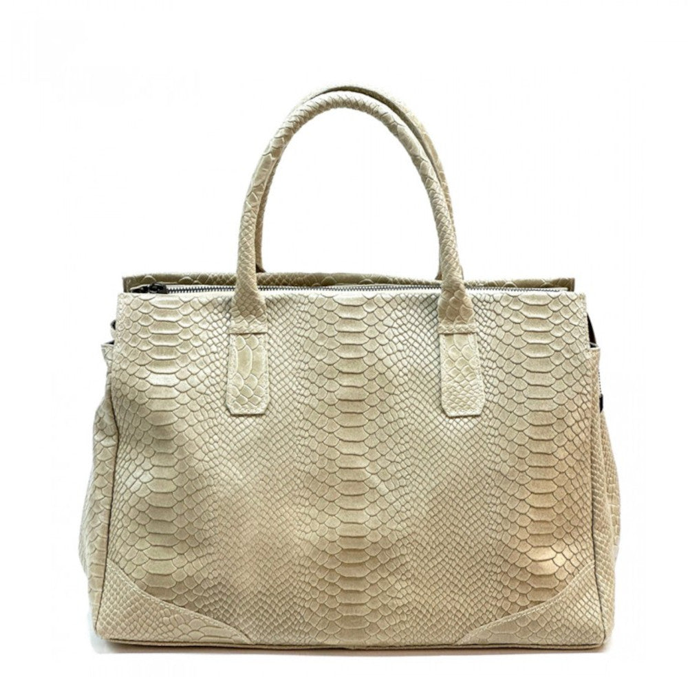 Borsa da donna beige a mano in pelle 40x21x28 cm Serpentina