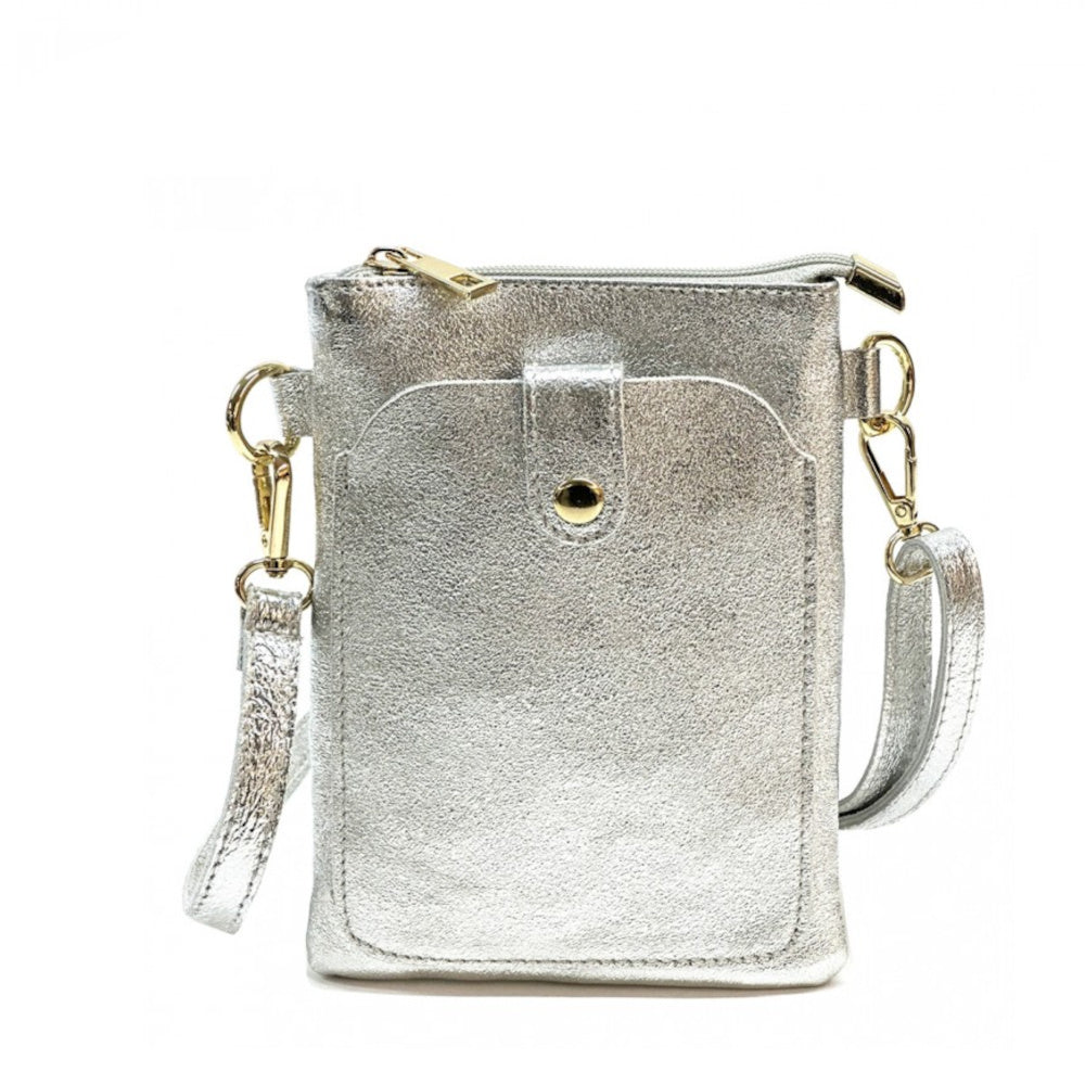 Borsa donna a tracolla argento in vera pelle 15x21 cm - Eterna